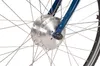 A close-up view of the front wheel hub of a bicycle, showing the spokes and part of the blue frame. Produktbild-Vorschau