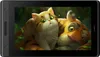 A digital drawing of two cartoon cats, one orange and white, the other a tiger, are shown on the screen of a HUION Kamvas Pro 13 graphics tablet. Produktbild-Vorschau