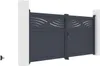 A dark gray aluminum double swing gate with a decorative pattern at the top, mounted between two white pillars. A small black gate accessory is visible in the lower left corner. Produktbild-Vorschau