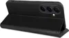 A black flip cover case for a Samsung Galaxy A55 5G phone is shown from a side angle, with the cover open and propped up. Produktbild-Vorschau