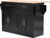 A black kitchen island with a wooden countertop and shelves on the side, shown against a white background. Voir les images du produit