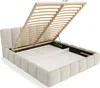A beige upholstered bed frame with the slatted mattress base lifted to reveal storage space underneath. Náhled obrázku produktu