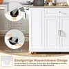 Close-up of a white kitchen island with a natural wood countertop, showing its wheels and a feature description. Podgląd zdjęcia produktu