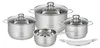A set of stainless steel pots and pans with glass lids, arranged on a white background. Produktbild-Vorschau