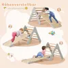 A collage of three images showing children playing on a wooden climbing triangle with a slide, demonstrating different configurations and ages. Voir les images du produit