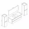 Isometric diagram showing the dimensions of a bathroom furniture set including a vanity, a tall cabinet, and a mirror. Produktbild-Vorschau