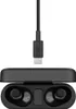 A black charging case for wireless earbuds is shown open, with the earbuds inside. A black USB-C charging cable is positioned above the case. Produktbild-Vorschau