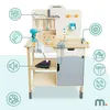 A wooden children's workbench with various tools and accessories, highlighted by informational callouts. Produktbild-Vorschau