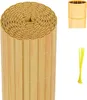 A rolled-up privacy screen with a bamboo-like appearance, shown with a small sample of the material and some yellow ties.