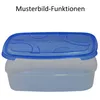 A clear, studio shot of a rectangular food storage container with a blue lid. Produktbild-Vorschau