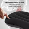 A close-up of an inflatable pillow with a hand pressing into it, overlaid with a diagram of the human neck and text. Produktbild-Vorschau