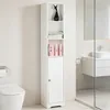 A tall, narrow white cabinet with shelves and a door, placed in a bathroom next to a toilet and a sink. Produktbild-Vorschau