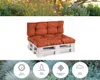 A pallet sofa cushion set in orange on a white background, with icons and text below. Produktbild-Vorschau
