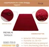 A red shaggy rug is shown with close-up views of its texture and features. Produktbild-Vorschau