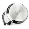 Close-up view of the bottom of a stainless steel pressure cooker, showing manufacturer's markings and certifications. Náhled obrázku produktu