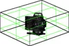 A 3D rendering of a laser level device within a wireframe box, showing its projected laser lines. Podgląd zdjęcia produktu
