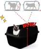 A Siamese cat is sitting in a black litter box, with diagrams above showing a cat using a litter box. Produktbild-Vorschau