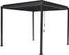 A black metal pergola with a slatted roof stands on a white background. Produktbild-Vorschau