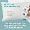 A white pillow with cotton bolls and text overlays, promoting it as a children's pillow. Produktbild-Vorschau