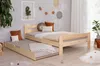 A bedroom scene with a wooden bed frame and a pull-out trundle bed, decorated with pillows and a plant. Produktbild-Vorschau
