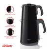 A black electric Turkish tea maker with multiple inset images highlighting features. Produktbild-Vorschau