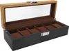 An open wooden watch box with six compartments, lined with brown fabric, and a clear glass lid. Produktbild-Vorschau