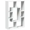 A white, multi-compartment bookshelf is shown against a white background.