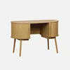 A wooden desk with curved sides and slatted doors. Produktbild-Vorschau