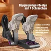 A shoe dryer with two pairs of shoes and one pair of sneakers on it, with text overlays describing its features. Náhľad obrázku produktu