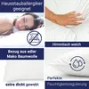A collage of images showcasing a pillow with text overlays highlighting its features. Produktbild-Vorschau