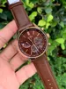 A hand holding a watch with a brown dial and strap, with a green leafy background. Anteprima dell’immagine prodotto