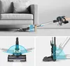 A collage of images showing a cordless vacuum cleaner and its features, including its ability to fit under furniture and its articulation. Produktbild-Vorschau
