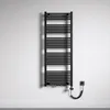 A black electric towel radiator mounted on a textured white wall. Produktbild-Vorschau