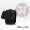 A folded baby stroller in a black carrying bag, with an airplane icon and text indicating cabin size. Produktbild-Vorschau