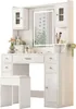 A white vanity table with a stool and a mirror with LED lighting. Produktbild-Vorschau