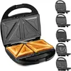 A collage of a black sandwich maker with various interchangeable plates, showing different cooking surfaces and finished products. Produktbild-Vorschau