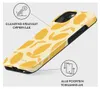 A phone case with a yellow abstract pattern on a light gray background, with callouts describing features. Náhled obrázku produktu