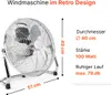 A chrome floor fan with product specifications displayed next to it. Náhľad obrázku produktu