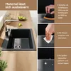 A kitchen sink and countertop with instructional images showing how to polish and maintain the sink material. Produktbild-Vorschau