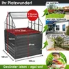 A product image showcasing a raised garden bed with a greenhouse attachment, along with lifestyle images of its potential placement and use. Produktbild-Vorschau