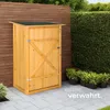 A wooden garden shed is shown outdoors next to a hedge, with potted plants in front of it and a paved patio. Produktbild-Vorschau