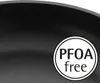 A close-up of a black frying pan with a circular badge indicating it is PFOA free. Produktbild-Vorschau