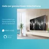 A modern living room with a TV displaying a sound wave graphic, and text overlays promoting voice control features. Produktbild-Vorschau