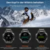 A snowboarder in action with three smartwatch displays shown below, highlighting features like compass, altitude, and barometric pressure. Produktbild-Vorschau