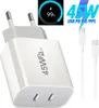 A white dual USB-C charger with two cables and marketing text. Produktbild-Vorschau