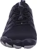 A close-up, front-facing view of a black athletic shoe with gray accents and a bungee lacing system. Produktbild-Vorschau
