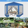A collage of images showing a blue gazebo with mesh sides, a picnic setup in a garden, a poolside scene with lounge chairs, and a modern backyard with plants. Produktbild-Vorschau