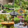 A collage of four images showing a solar-powered fountain in different garden settings: a pond, a bird bath, a garden bed, and a fish tank. Produktbild-Vorschau