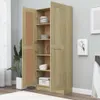 A wooden cabinet with open doors, showing shelves stocked with dishes and a small box. Produktbild-Vorschau