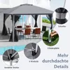 A grey gazebo set up outdoors with a table and chairs inside, next to a swimming pool. Several close-up insets highlight product features. Produktbild-Vorschau